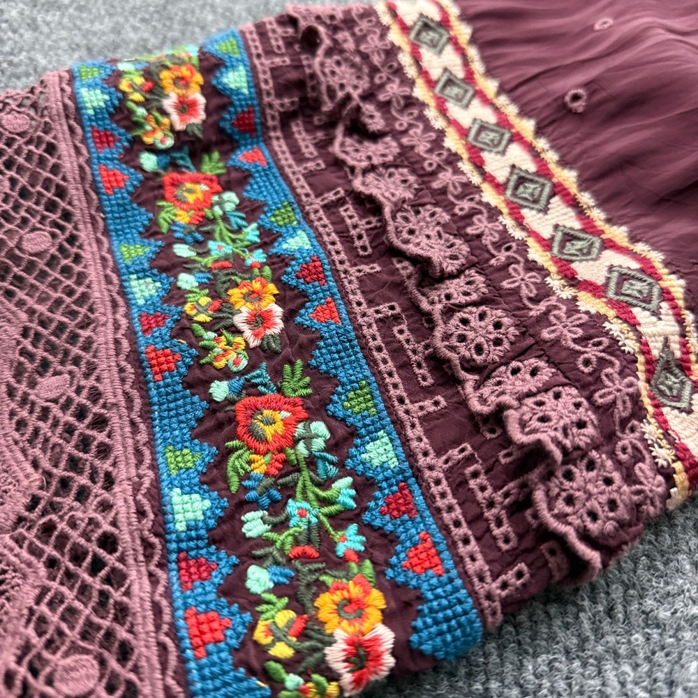 Johnny Was Tunic Top Sz XXL Burgundy Floral Embroidered Lace Boho Indie Peasant - Picture 10 of 16
